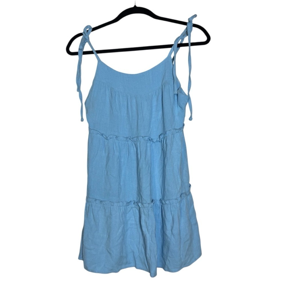 LA Hearts PacSun Mini Dress Linen Blend Tie Back Blue Size XS Ruffle Layer Cute